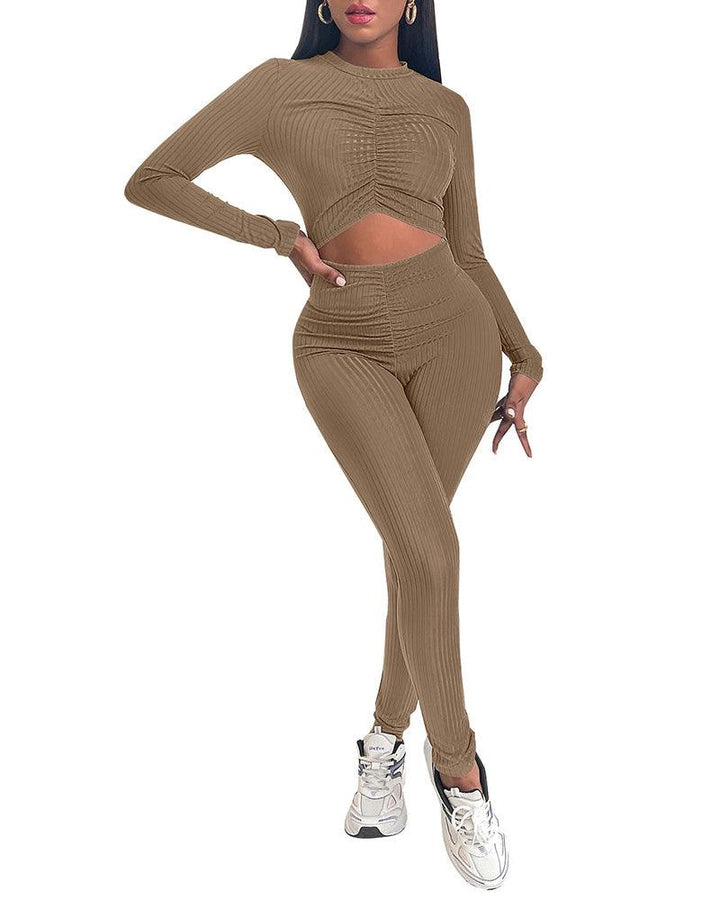 Long Sleeve Cut Out Waist Keyhole Back Fitted Rib Jersey Jumpsuit - pinkfad
