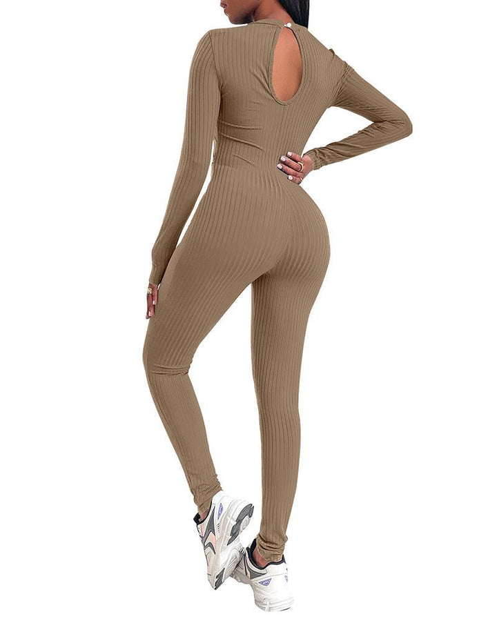 Long Sleeve Cut Out Waist Keyhole Back Fitted Rib Jersey Jumpsuit - pinkfad