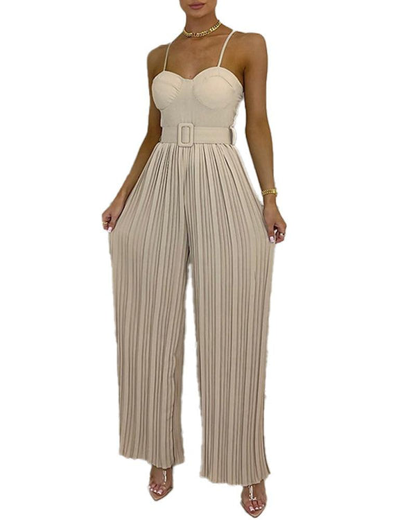 Womens Bandeau Bust Cup Belted Pleated Wide Leg Party Cami Jumpsuit