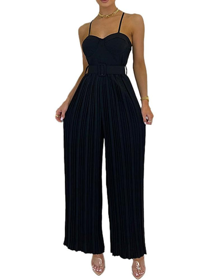 Womens Bandeau Bust Cup Belted Pleated Wide Leg Party Cami Jumpsuit - pinkfad