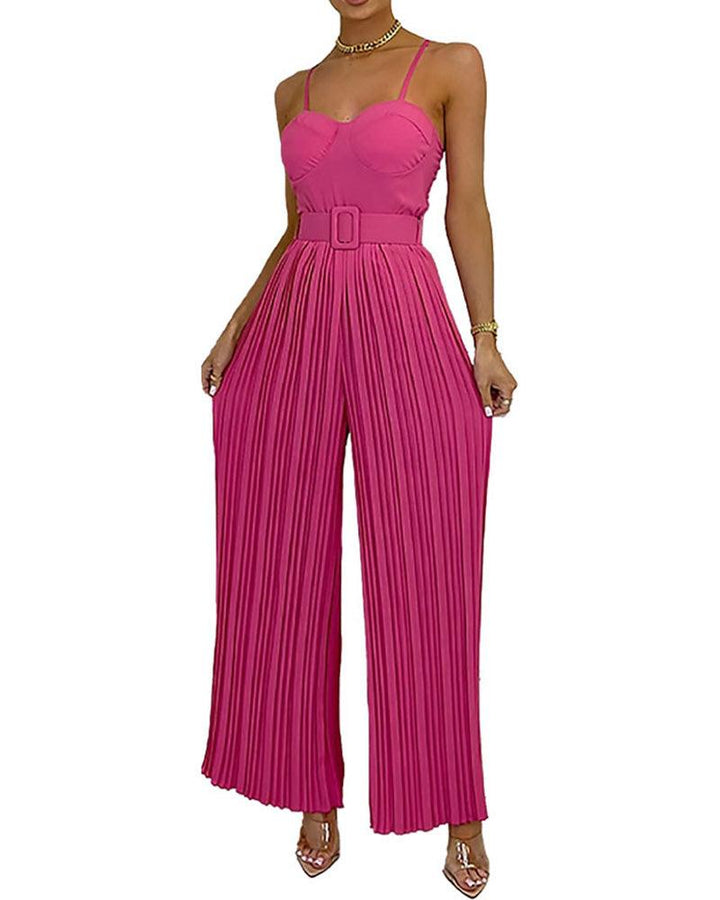 Womens Bandeau Bust Cup Belted Pleated Wide Leg Party Cami Jumpsuit - pinkfad