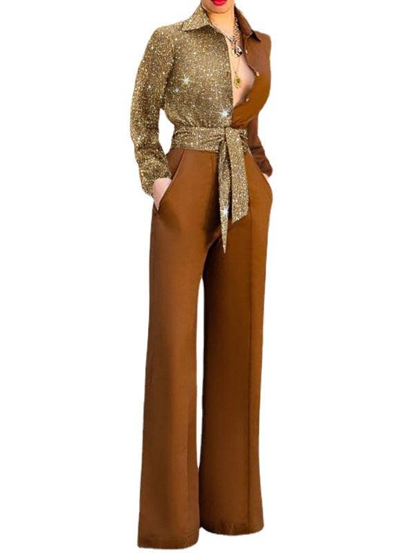 Womens Long Sleeve Collar Belted Sequin Contrast Wide Leg Jumpsuit