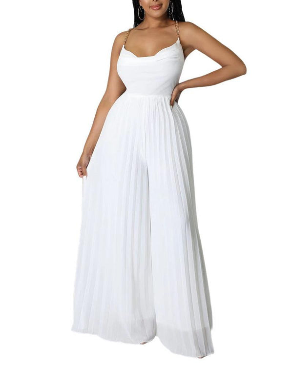 Halter Cross Chain Backless Pleated Wide Leg Cami Culottes Jumpsuit