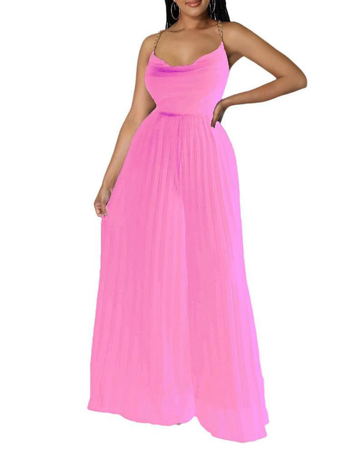 Halter Cross Chain Backless Pleated Wide Leg Cami Culottes Jumpsuit - pinkfad