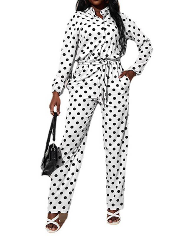 Long Sleeve Polka Dot Print Waist Tie Buttoned Front Straight Jumpsuit