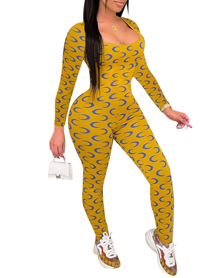 Long Sleeve Square Neck Moon Print Sporty Fitted Party Jersey Jumpsuit