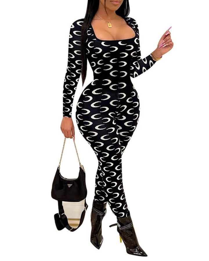 Long Sleeve Square Neck Moon Print Sporty Fitted Party Jersey Jumpsuit - pinkfad