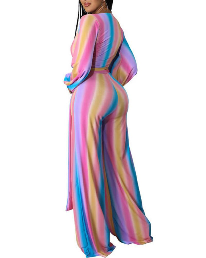 Long Sleeve Rainbow Ombre Wrap Beach Sun-Proof Wide Leg Jumpsuit - pinkfad