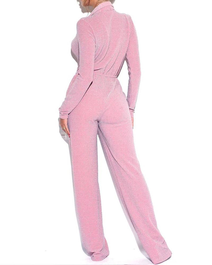 Collared Plunge Long Sleeve Shiny Solid Color Wide Leg Jumpsuit - pinkfad
