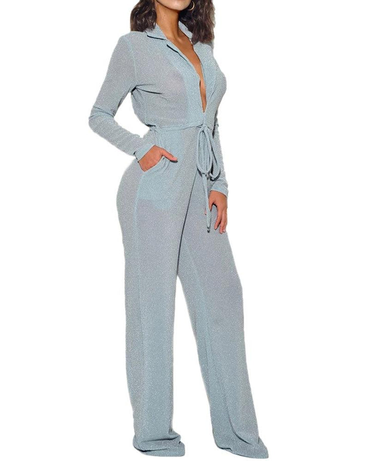 Collared Plunge Long Sleeve Shiny Solid Color Wide Leg Jumpsuit - pinkfad