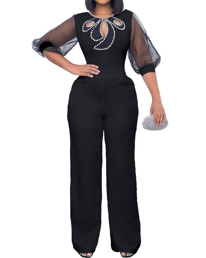 Mesh Sleeves Embellished Diamante Bowknot Cut-Out Wide Leg Jumpsuit
