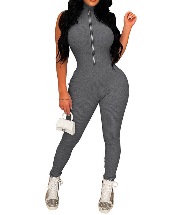 Womens Zip-Up Ribbed Sleeveless Close Fitting Stretch Party Jumpsuit