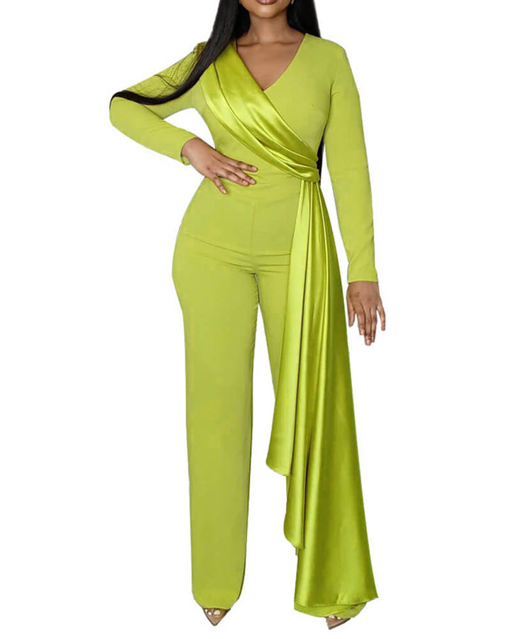Long Sleeve Wrap Front Straight Leg Side Long Satin Party Jumpsuit