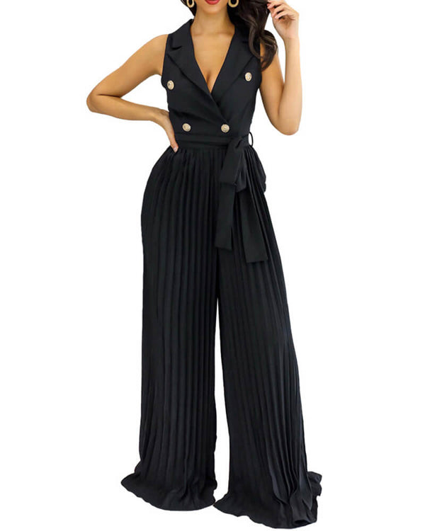 Button Embellished Sleeveless Pleated Wide Leg V Neck Party Jumpsuit