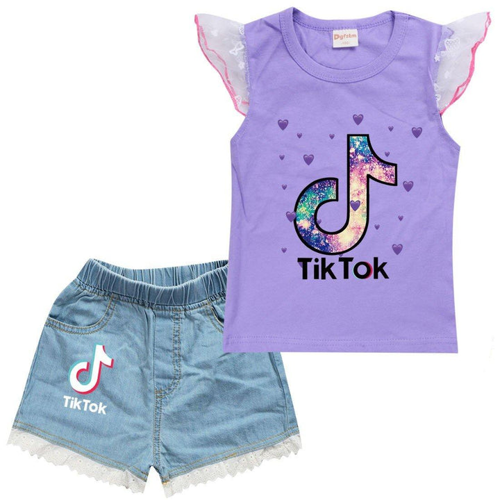 Tik Tok Print Girls Ruffle Shoulder T Shirt And Jeans Shorts Suit Set - pinkfad