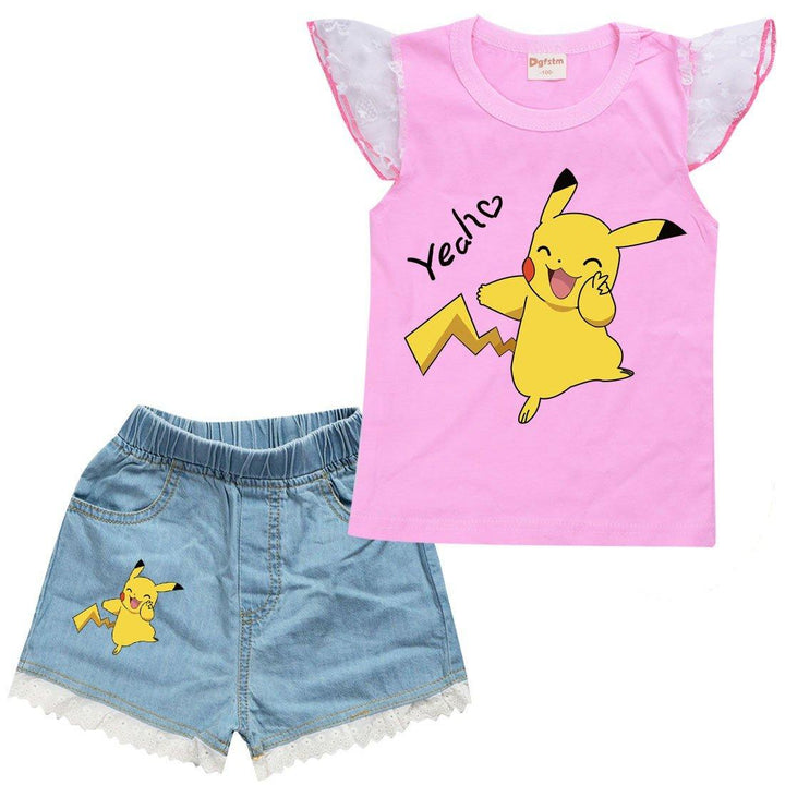 Pikachu Print Ruffle Shoulder Tank Top Denim Shorts Summer Outfit Set