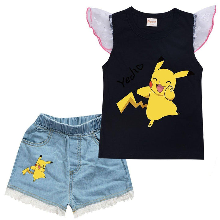 Pikachu Print Ruffle Shoulder Tank Top Denim Shorts Summer Outfit Set - pinkfad