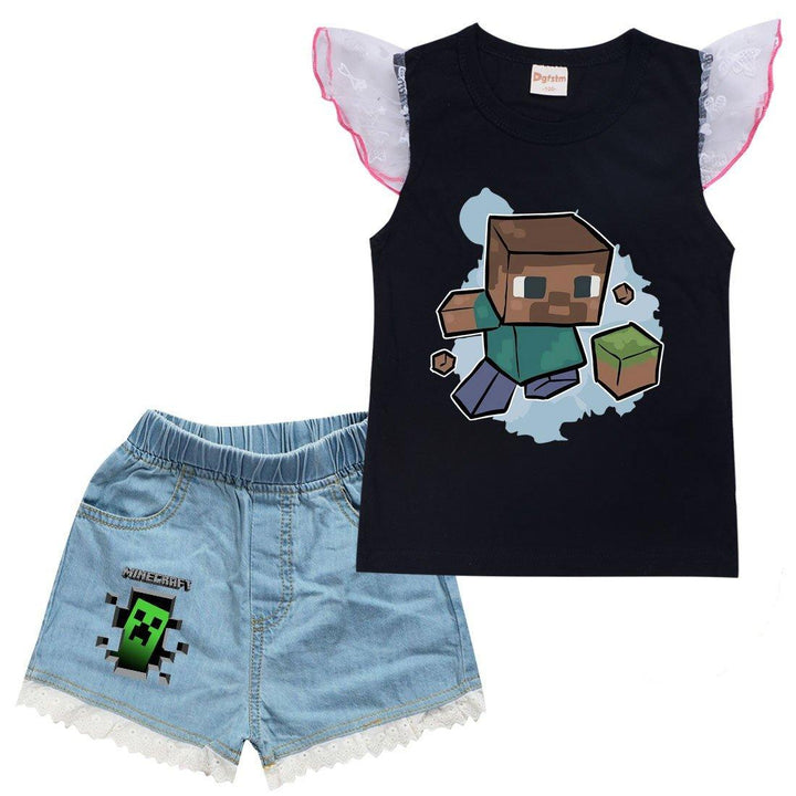 Minecraft Roblox Print Girls Ruffle Shoulder T Shirt Denim Shorts Set - pinkfad
