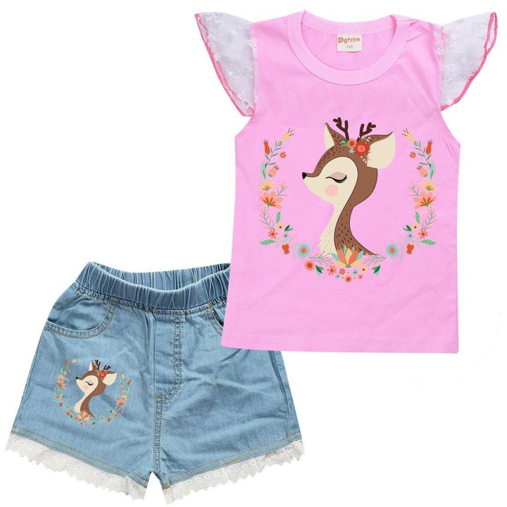 Little Fawn Bambi Print Girls Ruffle Tank Top Denim Shorts Suit Sets