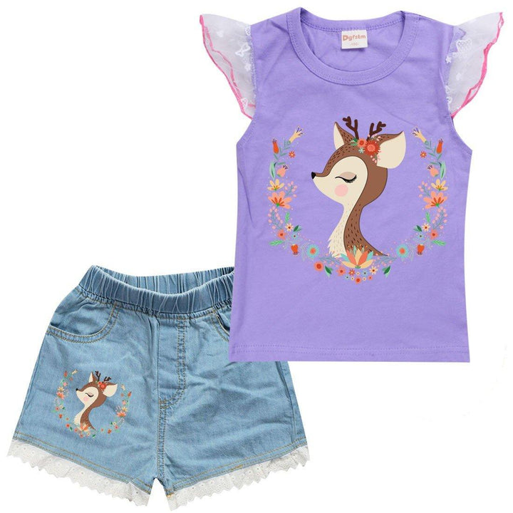 Little Fawn Bambi Print Girls Ruffle Tank Top Denim Shorts Suit Sets - pinkfad