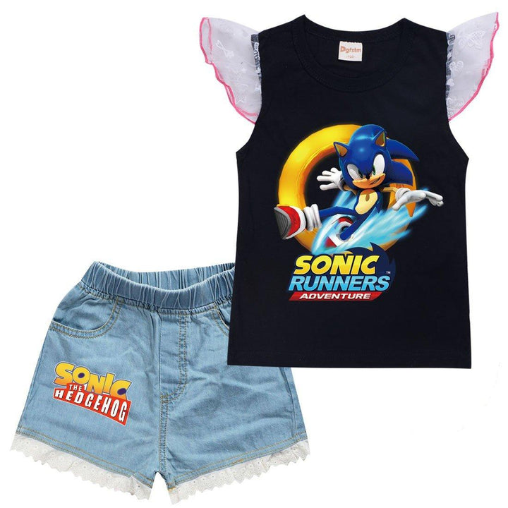 Sonic Runners Adventure Print Girls Lace Trim Tank Denim Shorts Sets - pinkfad