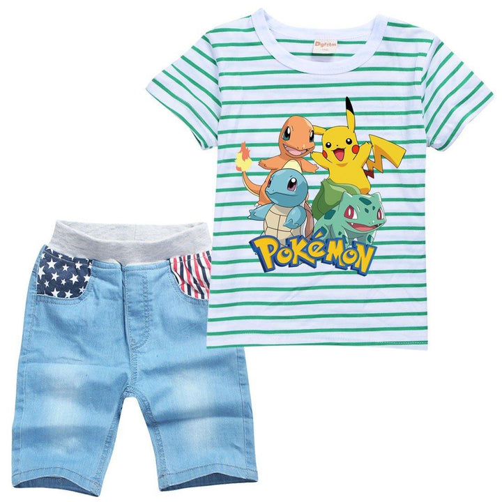 Girls Striped Pikachu Pokemon Print Boys T Shirt Denim Shorts Sets