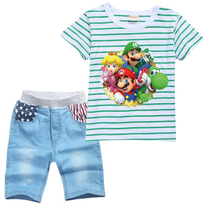 Girls Striped Super Mario Print Boys T Shirt Denim Shorts Suit Sets