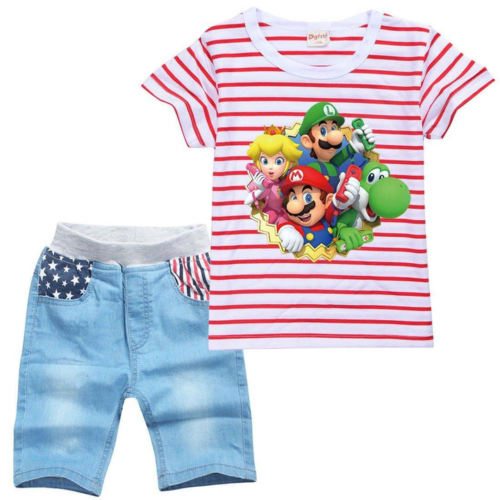 Girls Striped Super Mario Print Boys T Shirt Denim Shorts Suit Sets - pinkfad