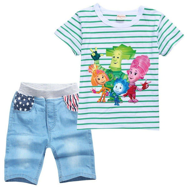 Girls Striped The Fixies Print Boys T Shirt And Denim Shorts Suit Sets