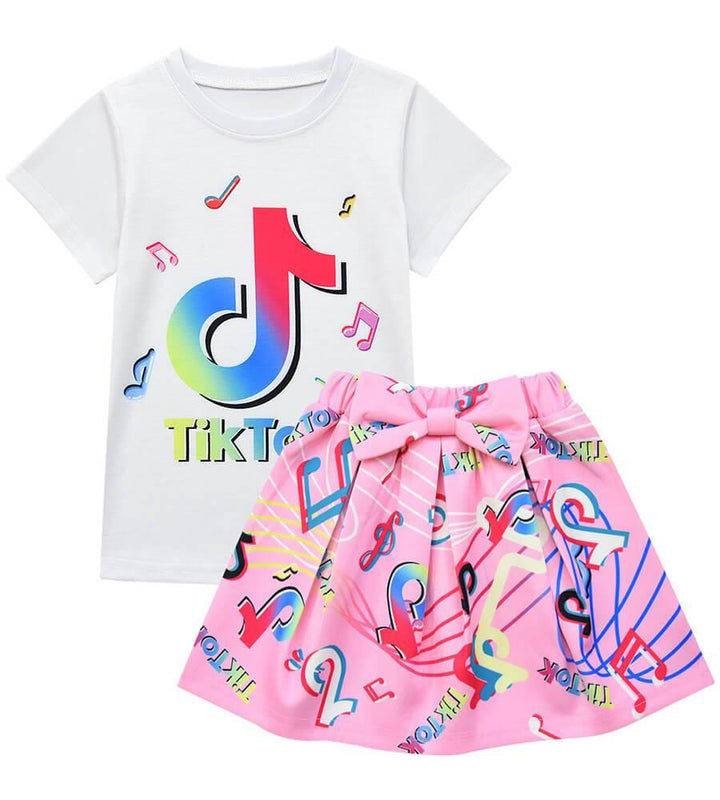 Girls Tik Tok Print T Shirt And Skirt With Bag Short Outfit 3 Sets - pinkfad