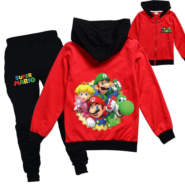 Boys Girls Super Mario Bros Print Zip Up Hoodie Sweatpants Tracksuit