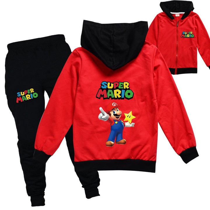 Super Mario Star Print Girls Boys Full Zip Hoodie Sweatpants Tracksuit