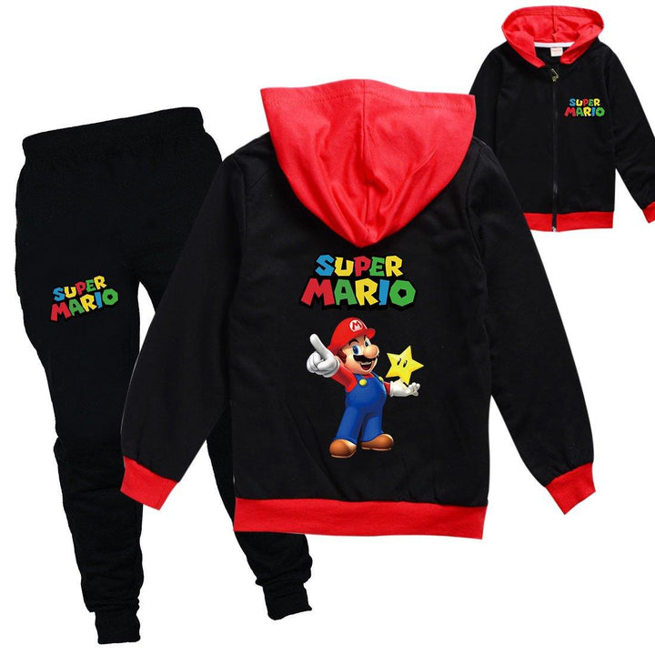 Super Mario Star Print Girls Boys Full Zip Hoodie Sweatpants Tracksuit - pinkfad