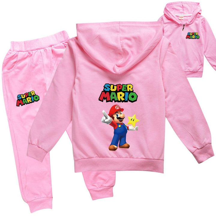 Super Mario Star Print Girls Boys Full Zip Hoodie Sweatpants Tracksuit - pinkfad