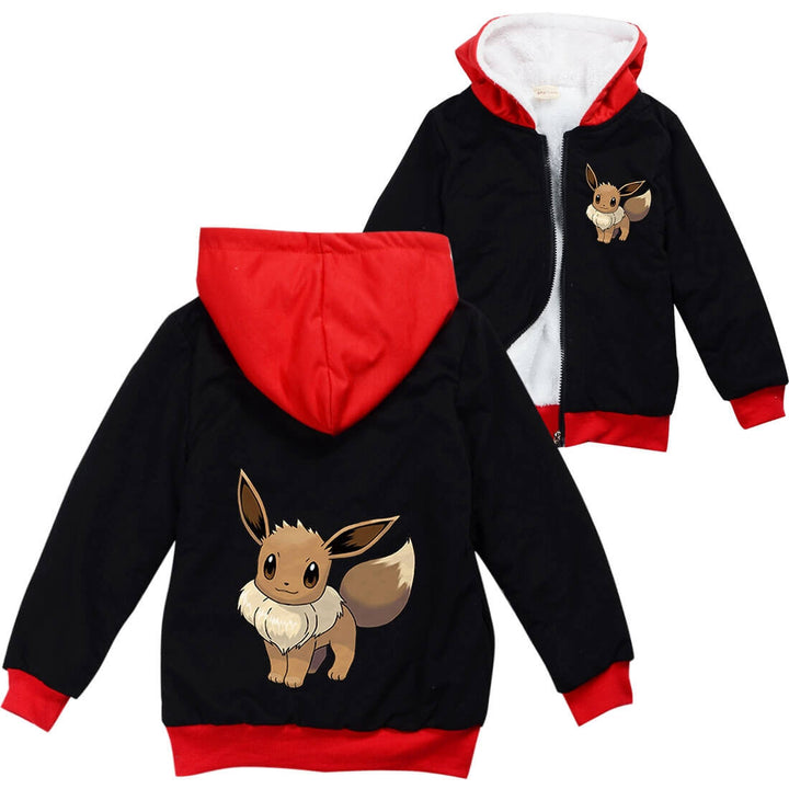 Boys Girls Eevee Pokemon Print Heavyweight Jacket Fleece Lined Coat