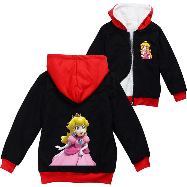 Girls Princess Peach Print Fleece Lined Coat Full Zip Hoodie Jacket
