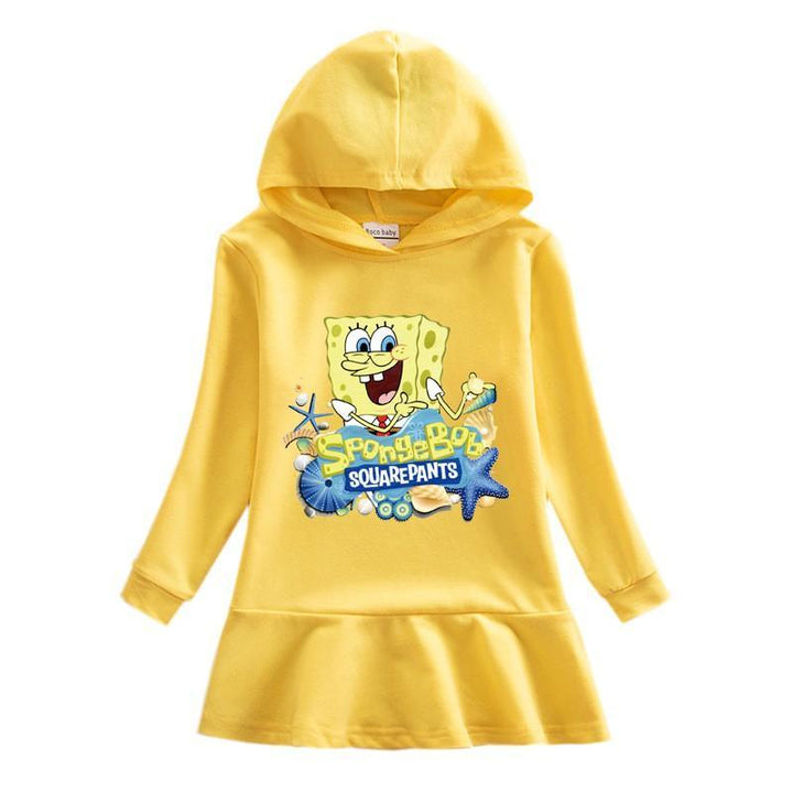Spongebob Squarepants Print Toddle Girls Hooded Cotton Frill Hem Dress - pinkfad