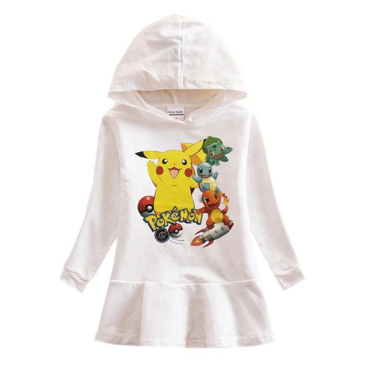 Pok¨¦mon Pikachu Print 2-9 Years Girls Hooded Long Sleeve Cotton Dress - pinkfad