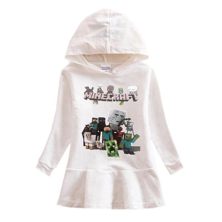 Minecraft Figures Print Toddle Girls Hooded Long Sleeve Cotton Dress - pinkfad