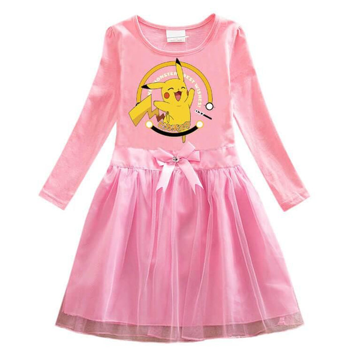 Go Pikachu Printed Girls Long Sleeve Cotton Bow Tulle Dress Multicolor