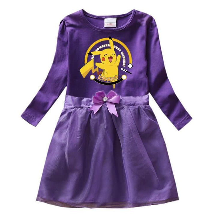 Go Pikachu Printed Girls Long Sleeve Cotton Bow Tulle Dress Multicolor - pinkfad