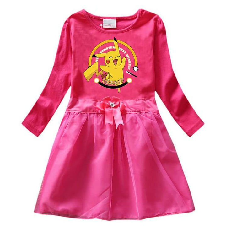 Go Pikachu Printed Girls Long Sleeve Cotton Bow Tulle Dress Multicolor - pinkfad