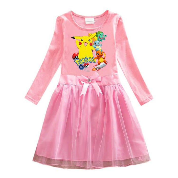 Pokemon Go Pikachu Print Girls Long Sleeve Cotton Bow Tulle Dress