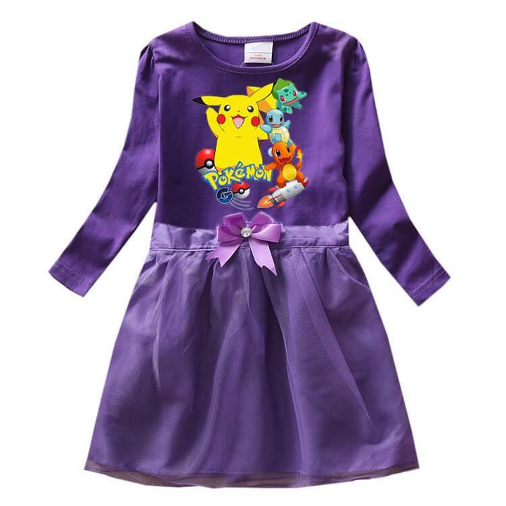 Pokemon Go Pikachu Print Girls Long Sleeve Cotton Bow Tulle Dress - pinkfad