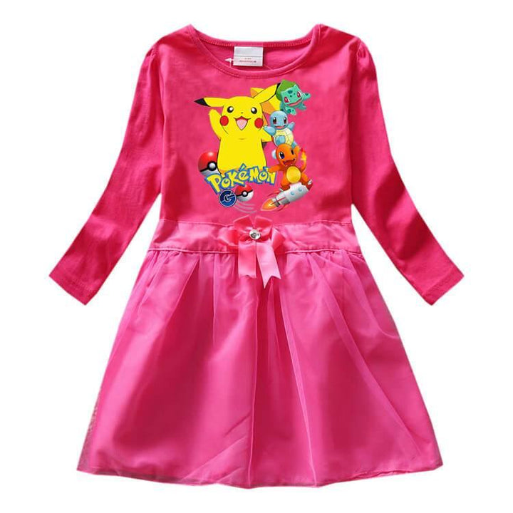 Pokemon Go Pikachu Print Girls Long Sleeve Cotton Bow Tulle Dress - pinkfad