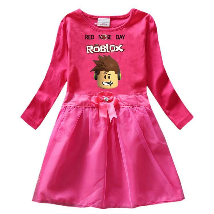 Red Nose Day Roblox Print Girls Long Sleeve Cotton Tulle Bow Dress - pinkfad