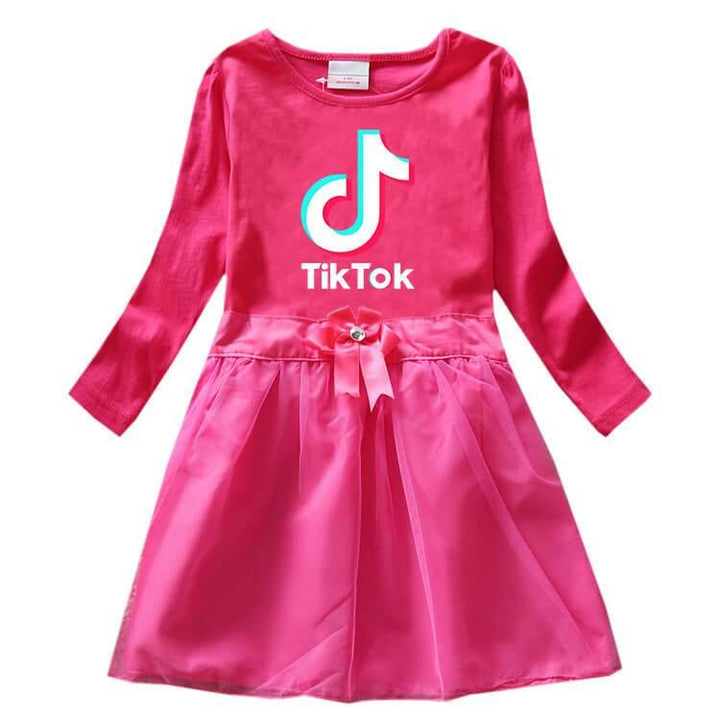 Tik Tok Print Girls Long Sleeve Cotton Tulle Dress Multi-Colors - pinkfad