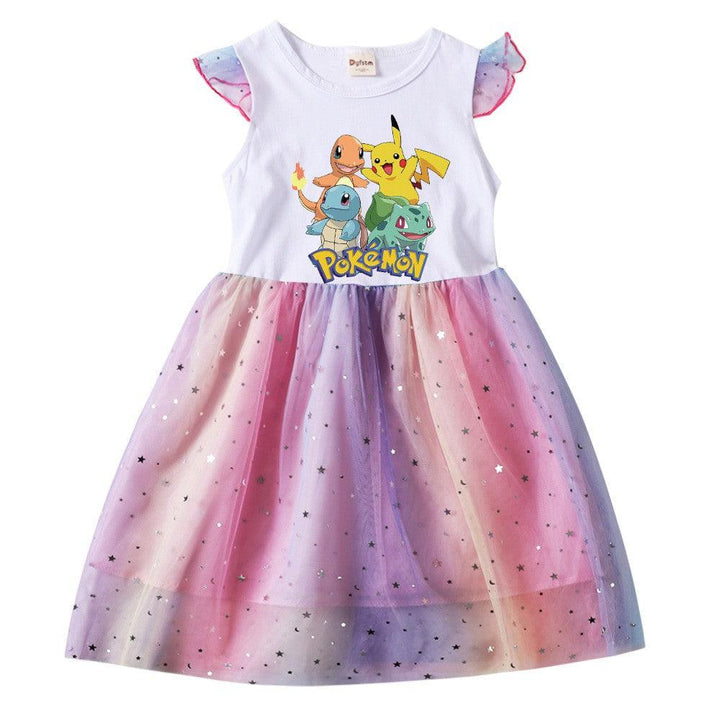 Girls Pikachu Print Summer Frill Shoulder Sequins Rainbow Tulle Dress