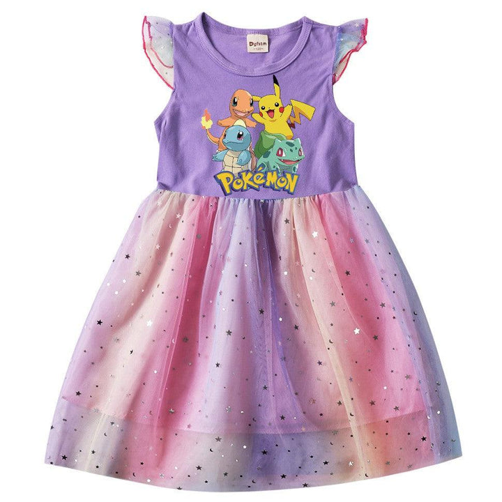 Girls Pikachu Print Summer Frill Shoulder Sequins Rainbow Tulle Dress - pinkfad