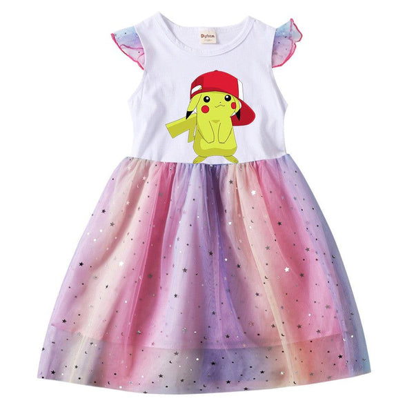 Pikachu Print Girls Summer Frill Sleeves Sequins Rainbow Tulle Dress